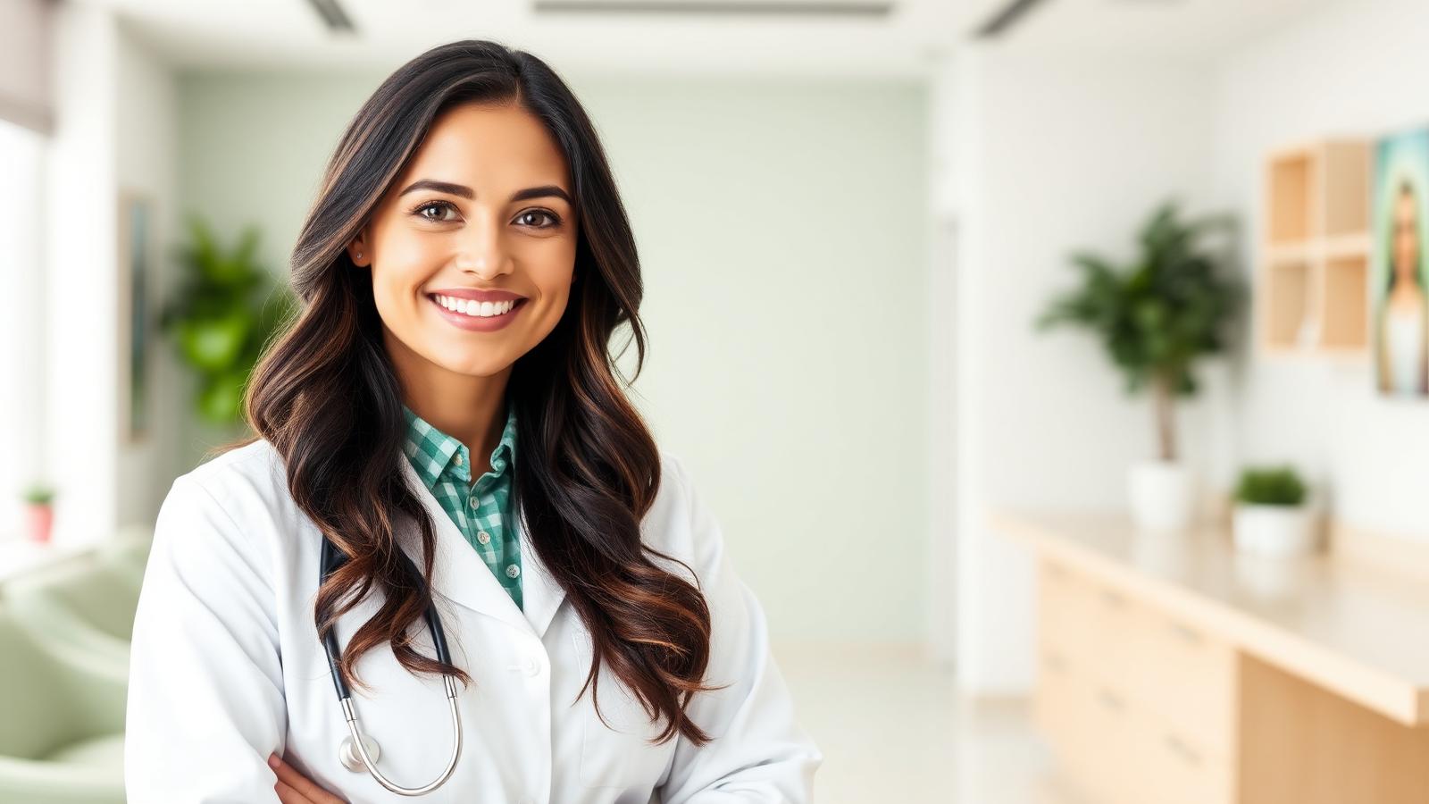 Confident female doctor in a white coat smiling in a bright clinic