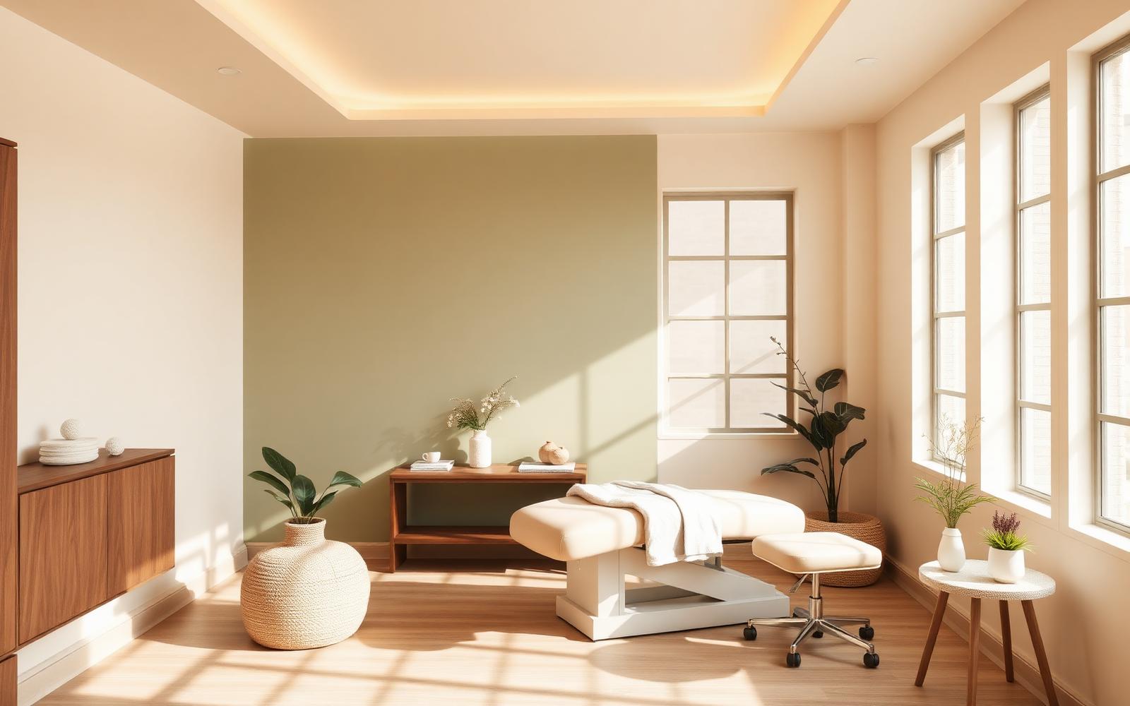 Serene modern medspa treatment room with cream walls and sage green accents