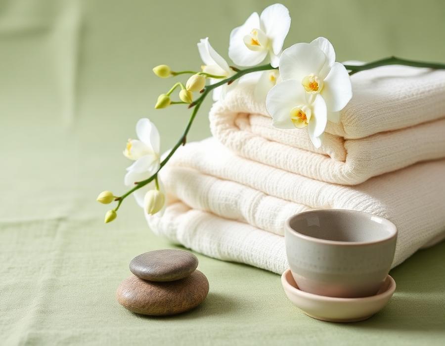 Spa still life with white orchids and folded towels representing forehead line treatment